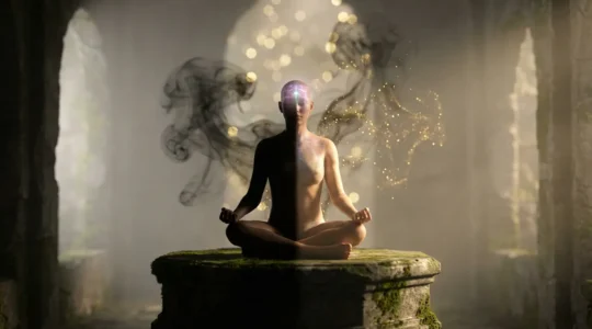 Person meditating with ethereal light emanating from their third eye area while dark shadows recede
