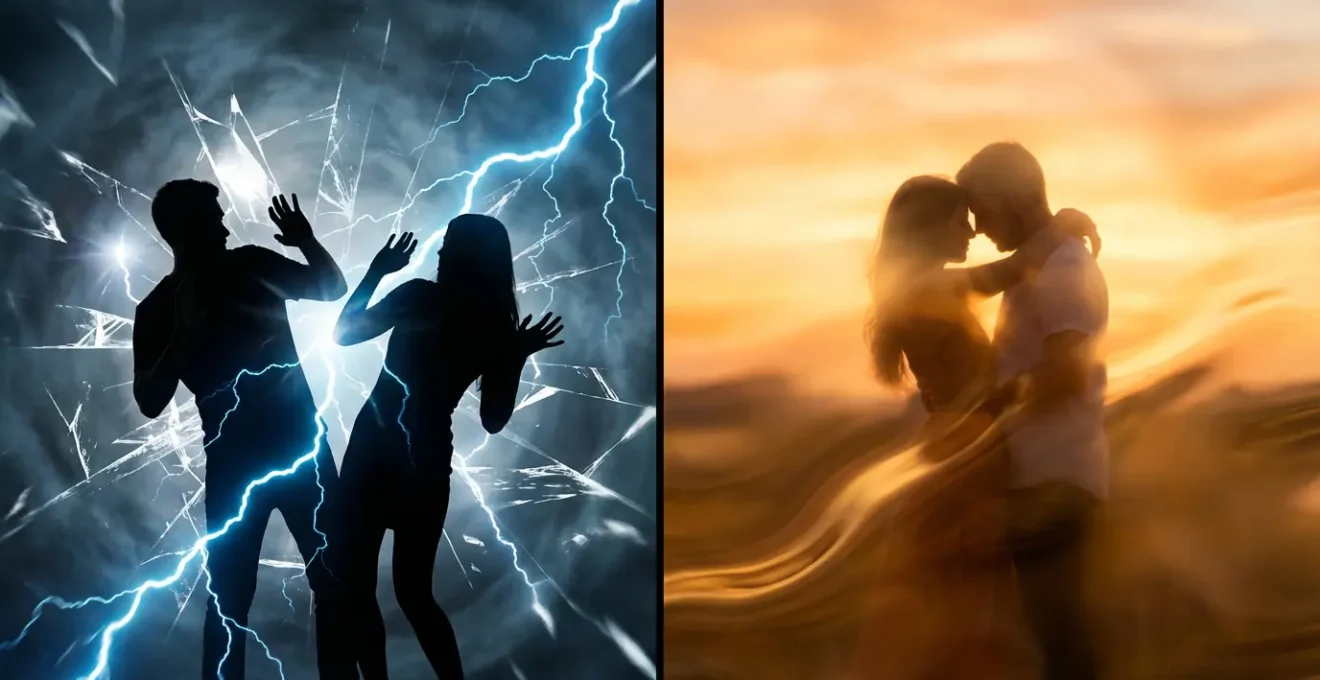 Two contrasting scenes showing electric sparks versus a warm gentle glow between silhouetted figures