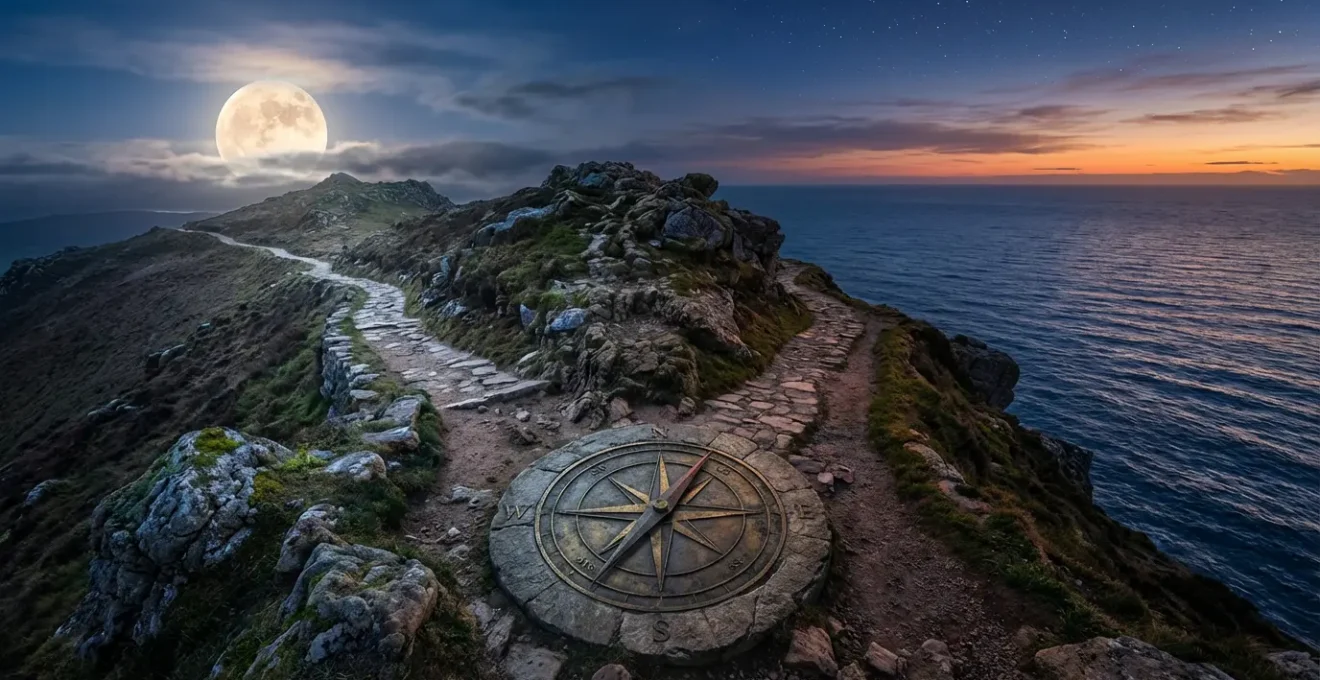 A mystical celestial journey showing two interconnected paths representing North and South nodes