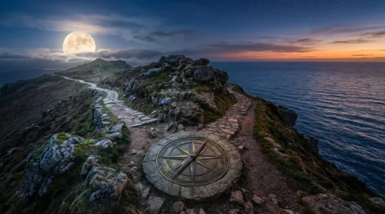 A mystical celestial journey showing two interconnected paths representing North and South nodes