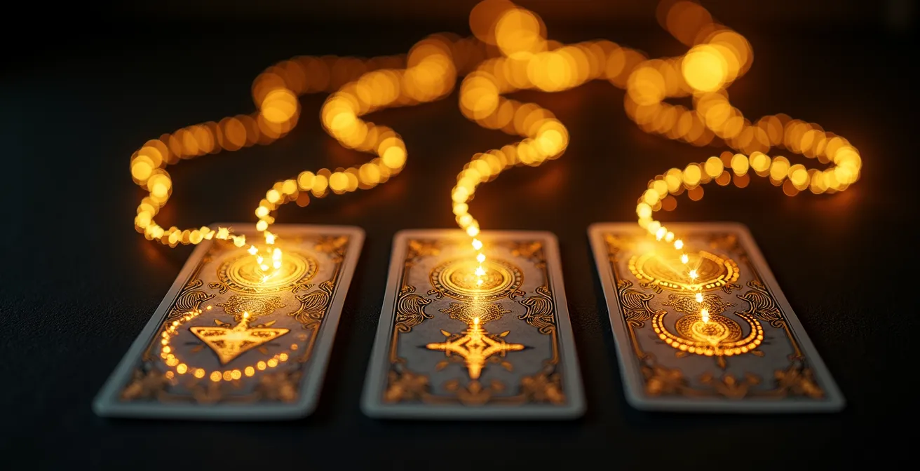 Three Lenormand cards connected by ethereal golden threads showing their relationships