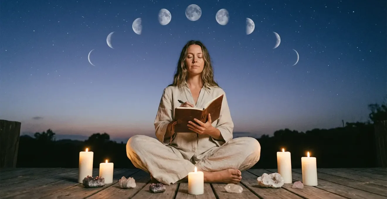 Woman in meditative pose under starlit sky with moon phases visible, journaling by candlelight