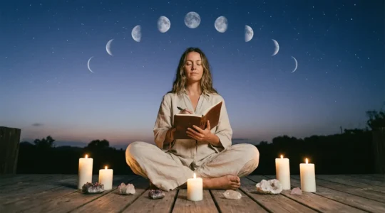 Woman in meditative pose under starlit sky with moon phases visible, journaling by candlelight