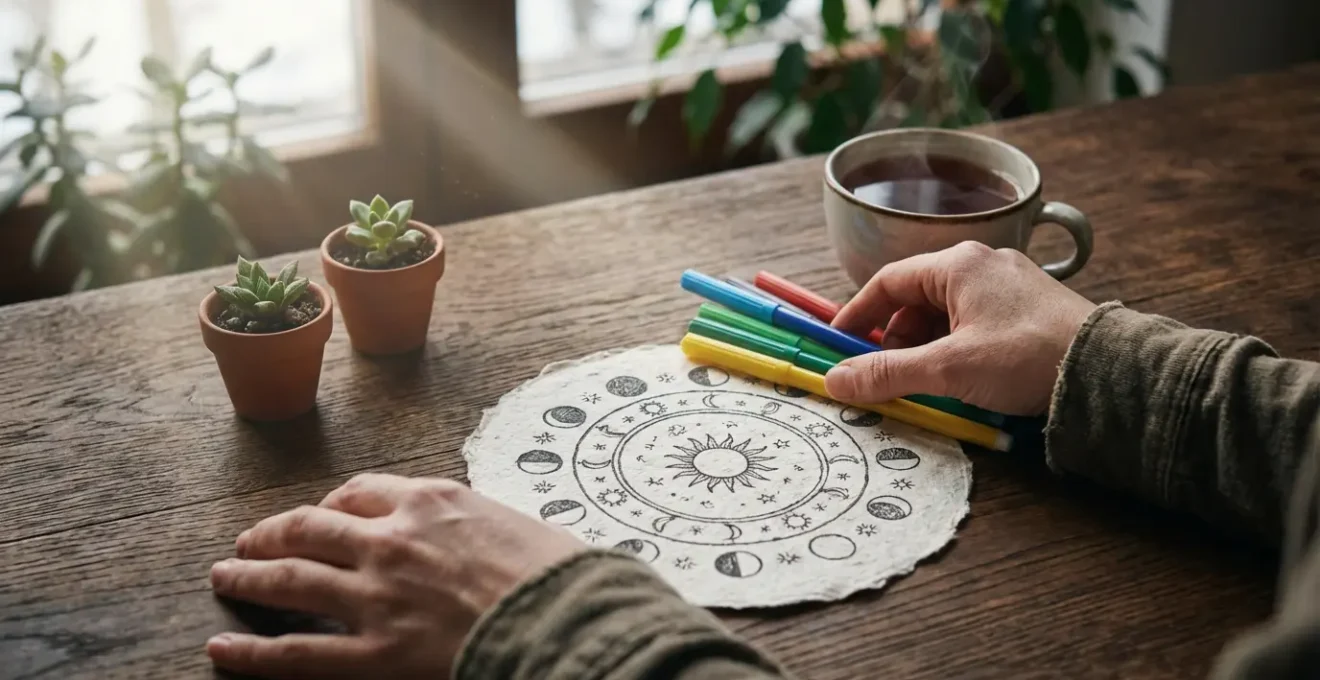 Desk with moon phase calendar and productivity planner under natural light