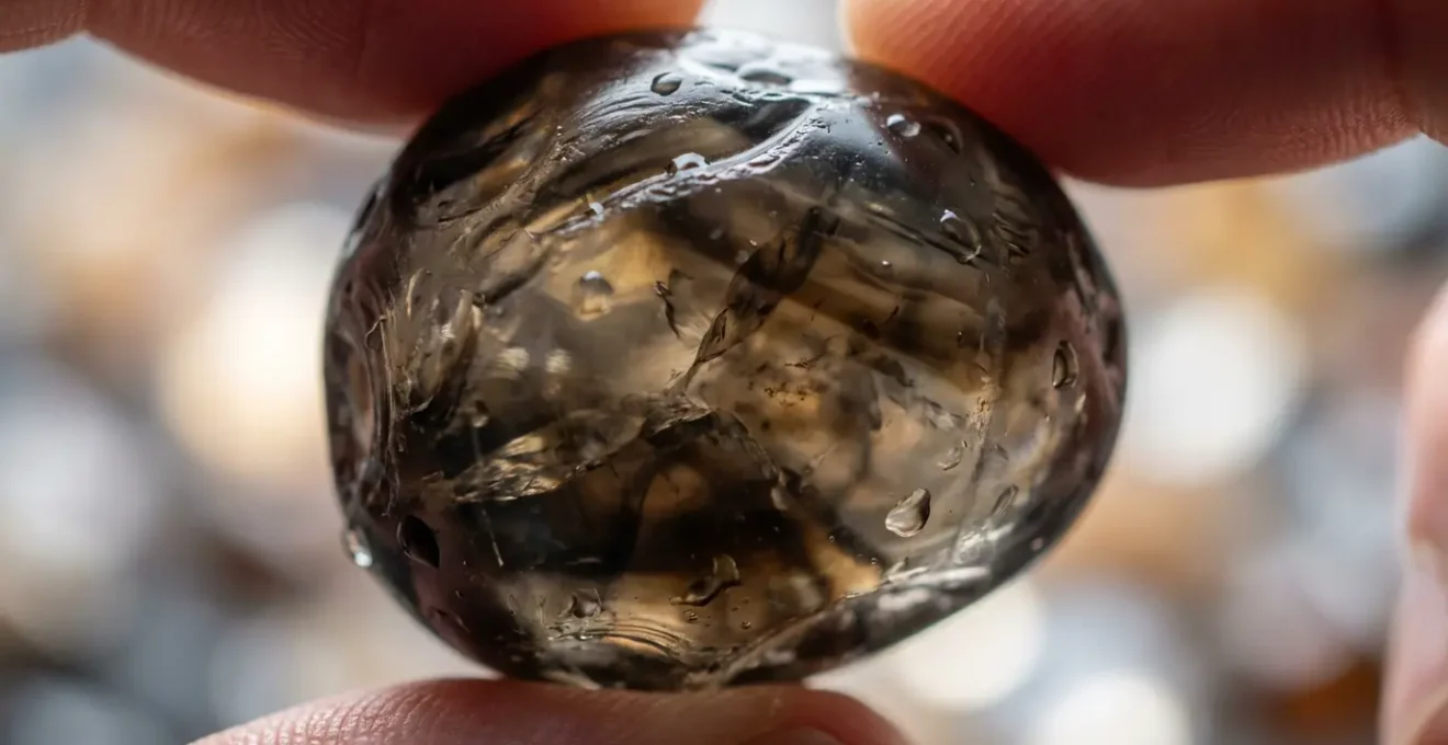 Macro photograph of Apache Tear obsidian crystal showing deep black translucent layers