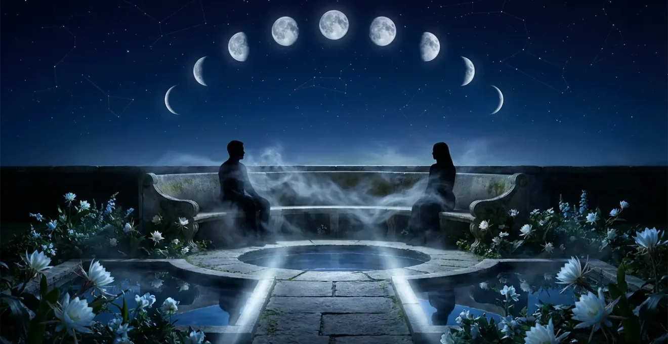 Ethereal couple under cosmic moon phases showing emotional connection through astrology