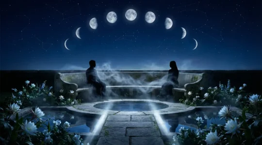 Ethereal couple under cosmic moon phases showing emotional connection through astrology
