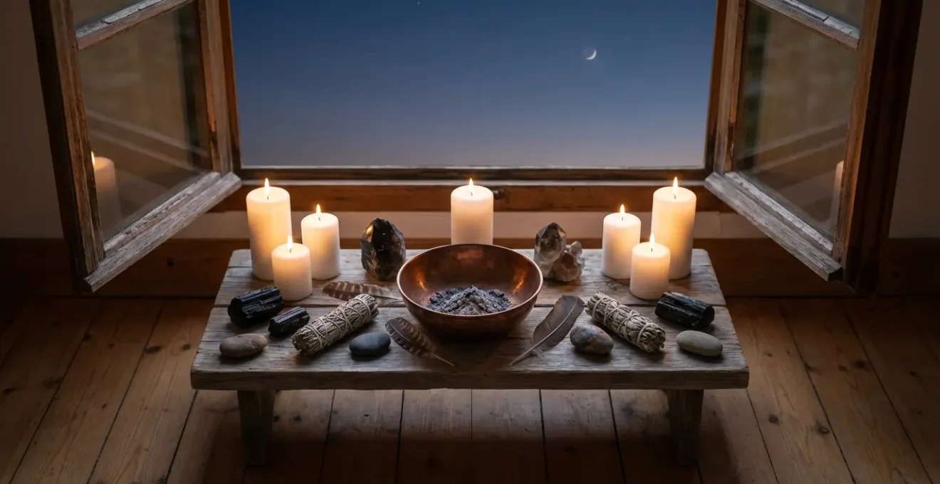 Candlelit altar with crystals and herbs arranged for new moon ceremony