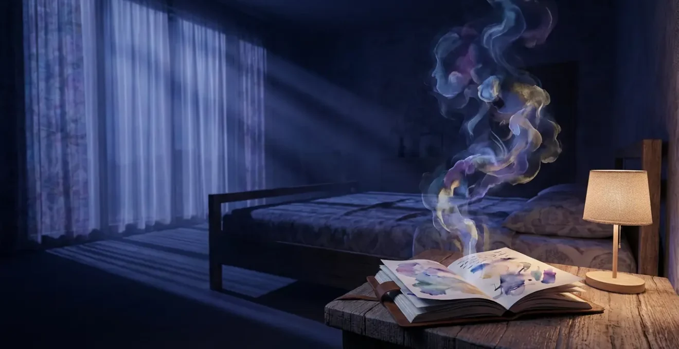 Dream journal with ethereal imagery floating above its pages in a darkened bedroom