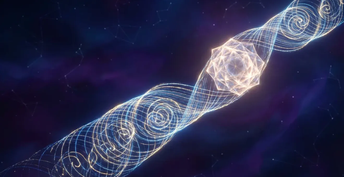 Abstract visualization of two energy streams merging into a unified numerical symbol