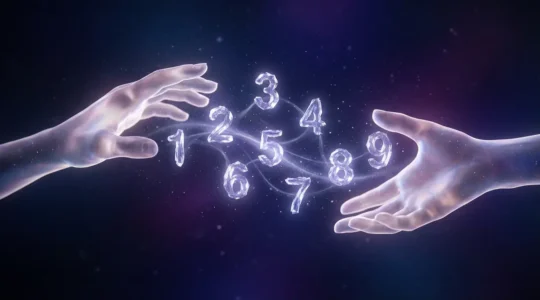 Mystical hands holding glowing number symbols representing numerological love compatibility
