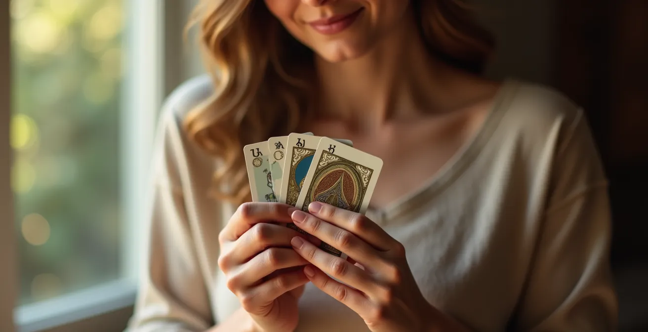 A person holding oracle cards close to their chest, with a mirror reflecting a sense of reality.