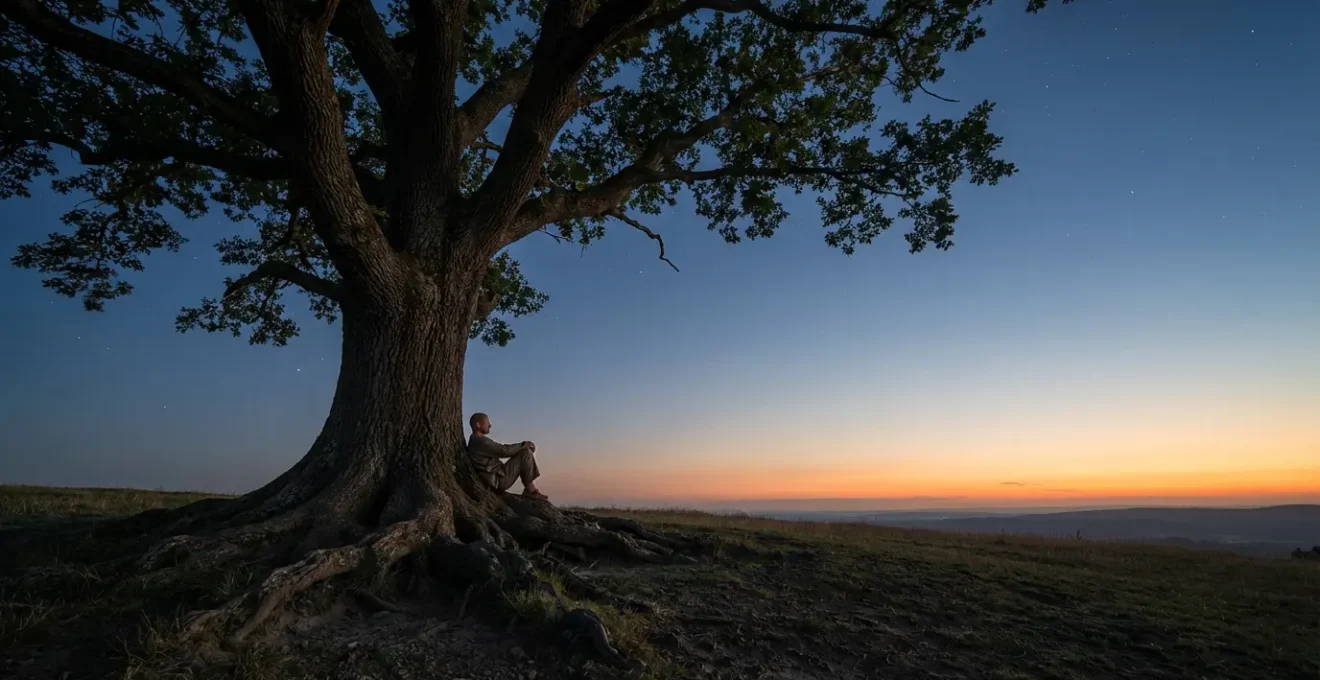 Wide landscape view of a person resting under ancient tree with roots extending deep into earth and branches reaching toward stars