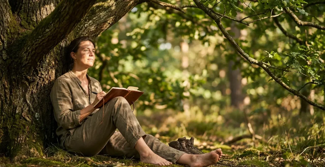 Person writing in journal surrounded by nature for emotional grounding