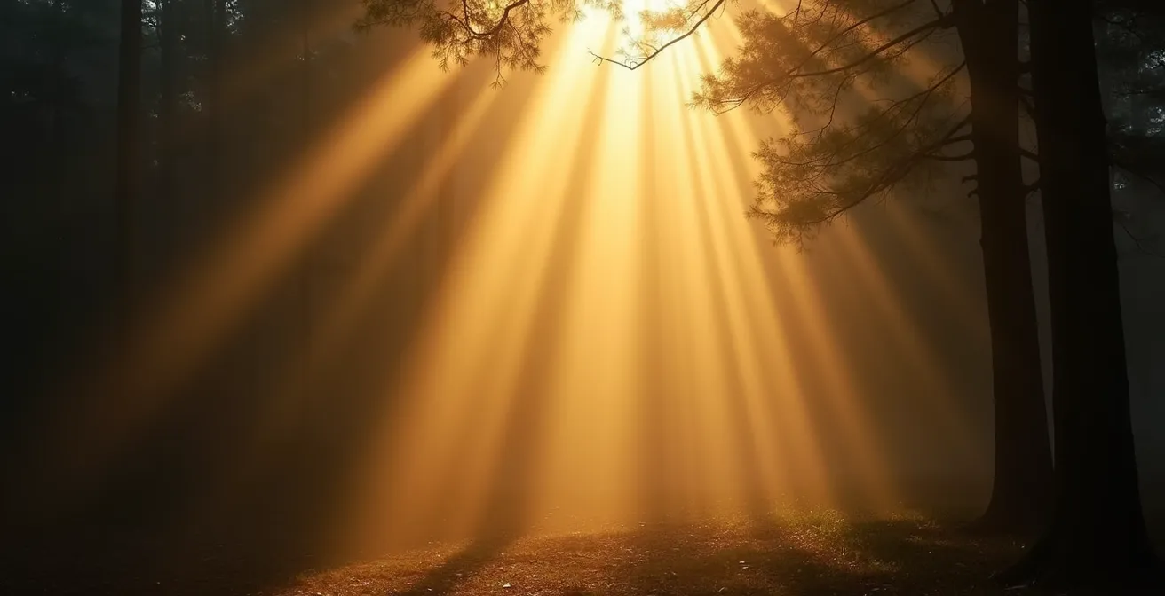 Abstract representation of transformation through light rays breaking through darkness