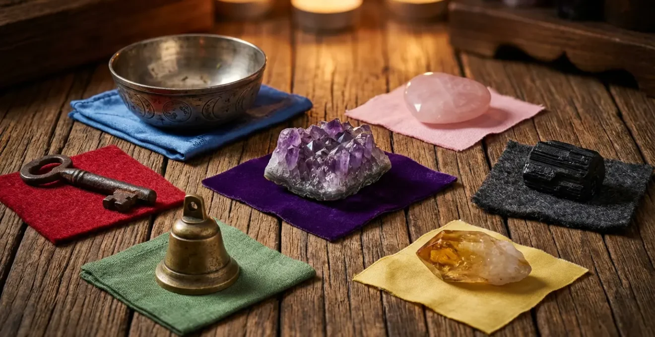 Sacred altar space with seven ritual objects representing different planetary energies