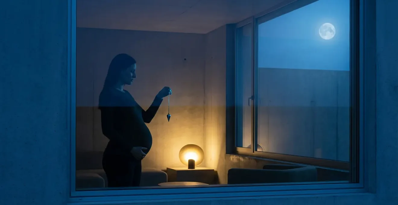 Silhouette of pregnant woman by window with full moon visible, holding pendulum