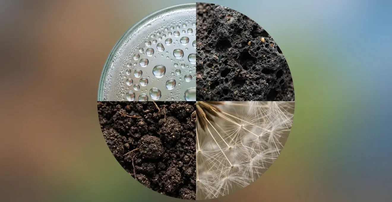 A circular, abstract macro shot showing four distinct natural textures: water droplets, volcanic rock, dandelion seeds, and dark soil, representing elemental shifts.
