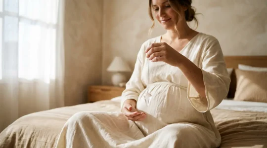 Pregnant woman holding crystal pendulum over belly in soft natural light