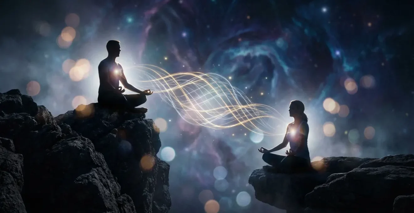 Two silhouettes in meditation position facing each other with ethereal energy threads connecting their chakras, representing the process of restoring cosmic balance in an unequal relationship