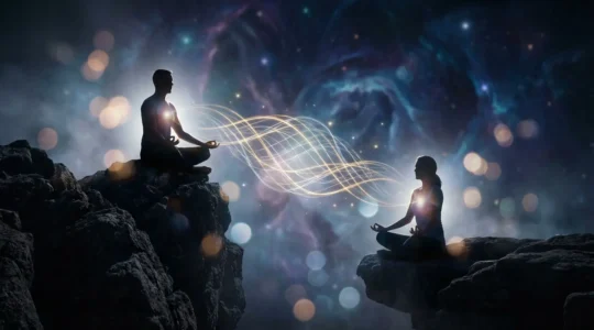 Two silhouettes in meditation position facing each other with ethereal energy threads connecting their chakras, representing the process of restoring cosmic balance in an unequal relationship