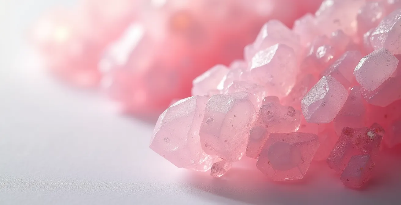 Extreme close-up of rose quartz crystal showing natural pink formations and light refractions