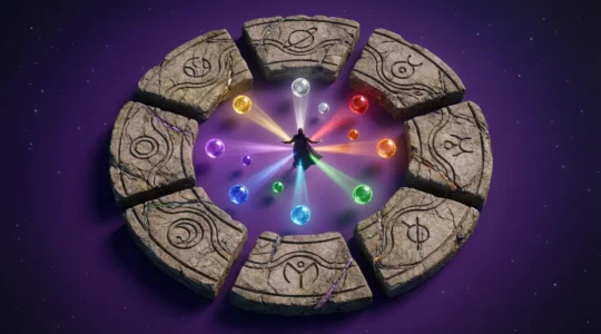 Astrological calendar showing seven weekdays with their planetary symbols and a silhouette figure standing in the center