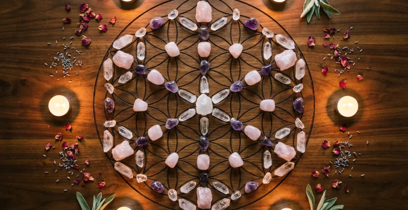 Crystal grid arranged in sacred geometry pattern for attracting soulmate
