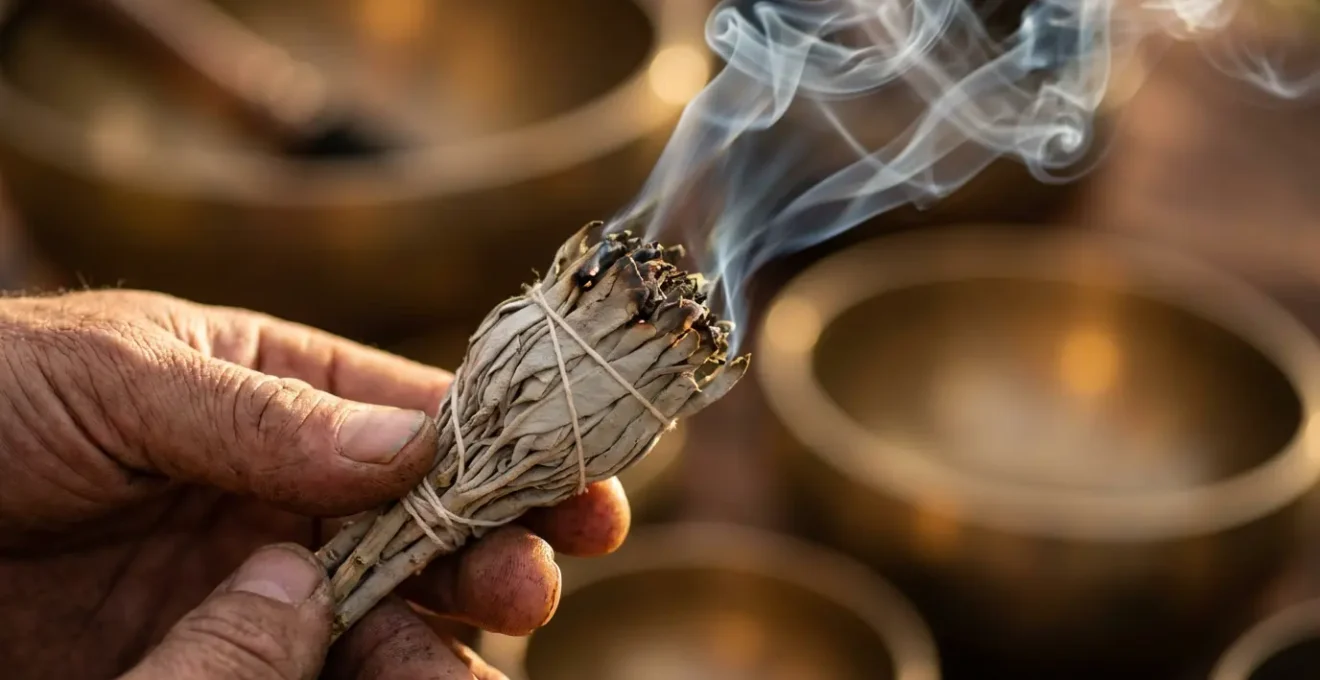 Hands holding burning sage with singing bowls in meditation space