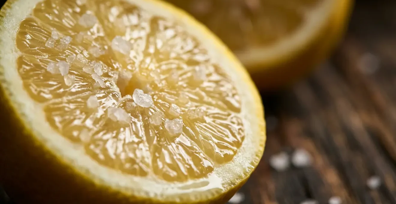 Macro view of lemon halves covered in crystalline salt