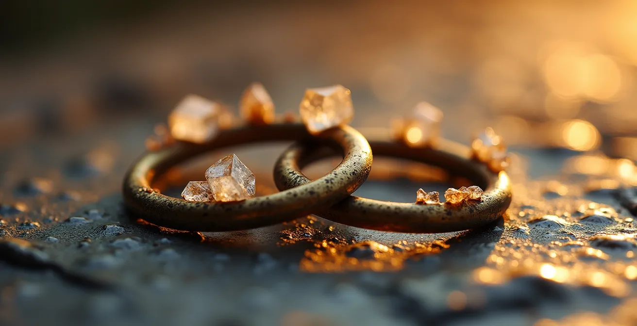 Close-up of interlocking metallic rings with crystalline formations growing through them