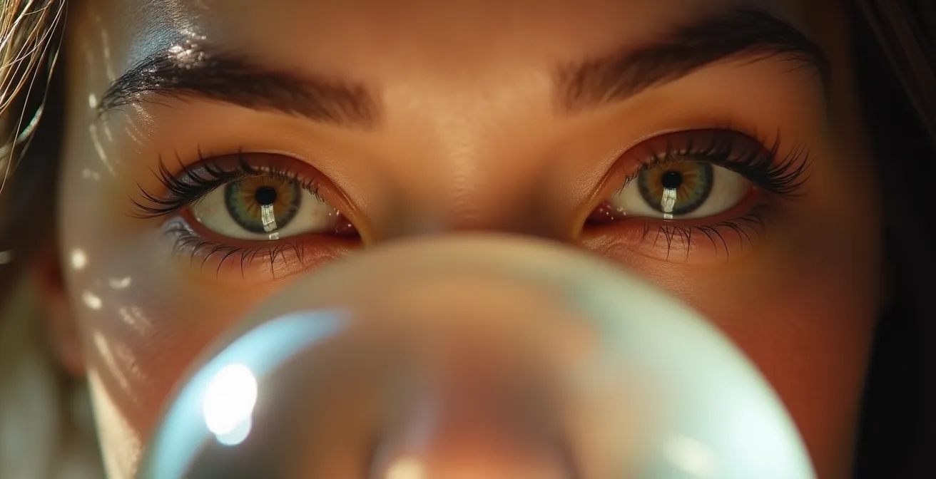 Close-up of relaxed eyes softly gazing into crystal sphere depths