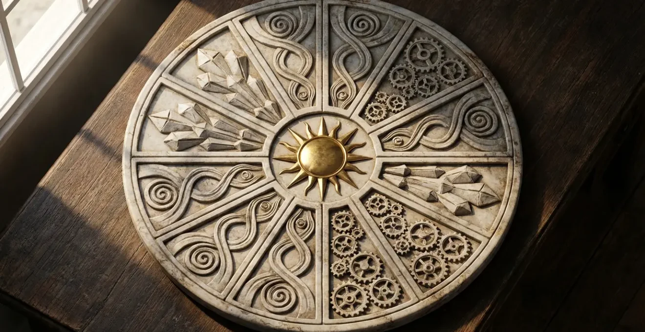 Cosmic wheel showing 12 astrological houses with career symbols in golden light