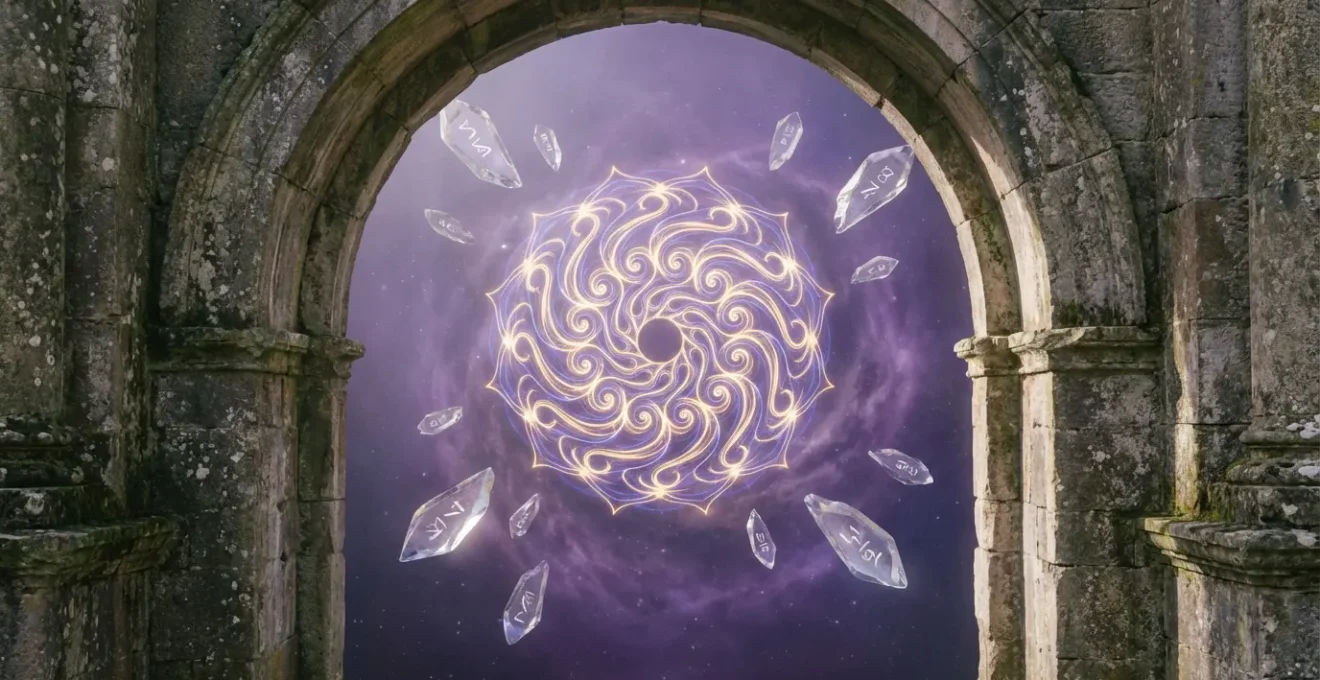 Mystical scene showing an ethereal soul blueprint with karmic numbers floating in cosmic space