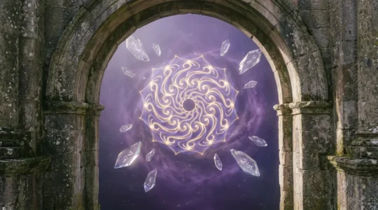 Mystical scene showing an ethereal soul blueprint with karmic numbers floating in cosmic space