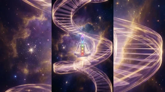 A person meditating on a spiral staircase of light ascending into cosmic space, symbolizing the karmic journey from debt to dharma