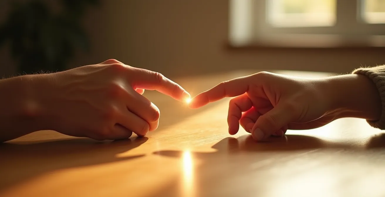 Two people's hands almost touching with visible energy flow between them, representing the moment of soulmate recognition