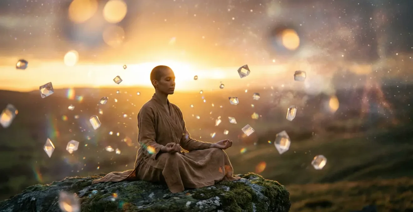 Person in meditative pose with cosmic astrological symbols in ethereal light representing spiritual identity transformation