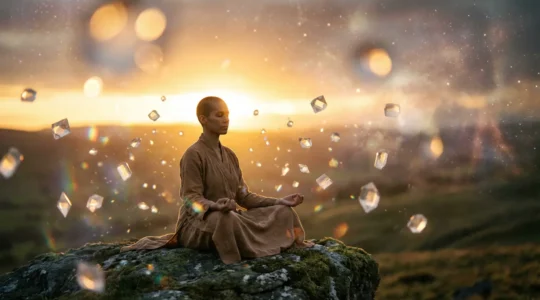 Person in meditative pose with cosmic astrological symbols in ethereal light representing spiritual identity transformation