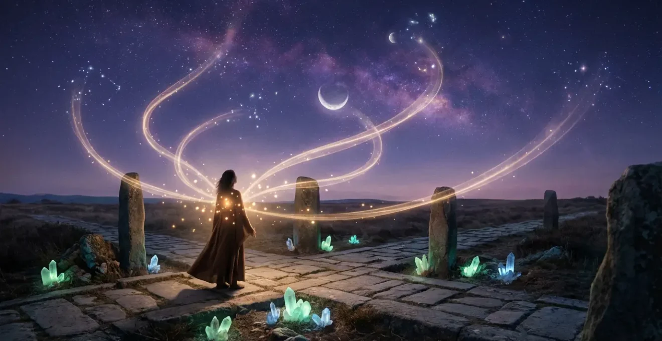 Person standing at crossroads under starry night sky with glowing pathways representing spiritual choices