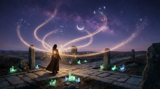 Person standing at crossroads under starry night sky with glowing pathways representing spiritual choices