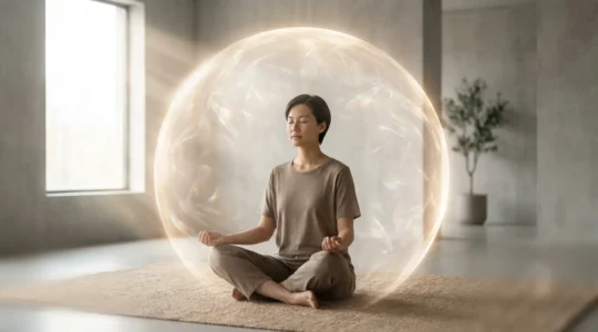 Luminous protective energy field surrounding a meditating person