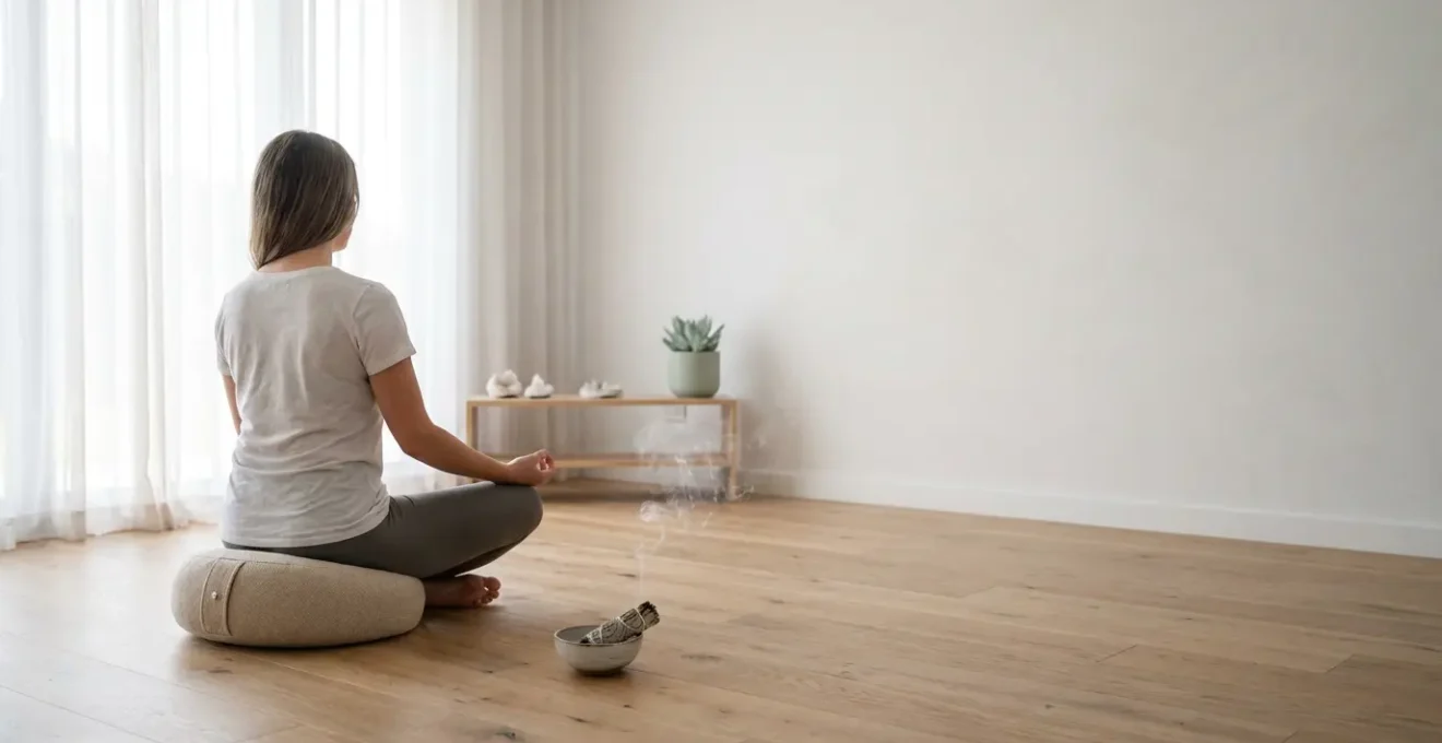 Person meditating in sacred space before divination session