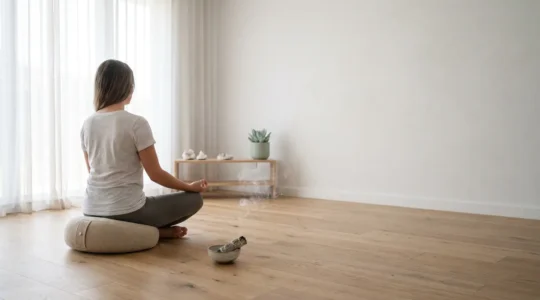 Person meditating in sacred space before divination session