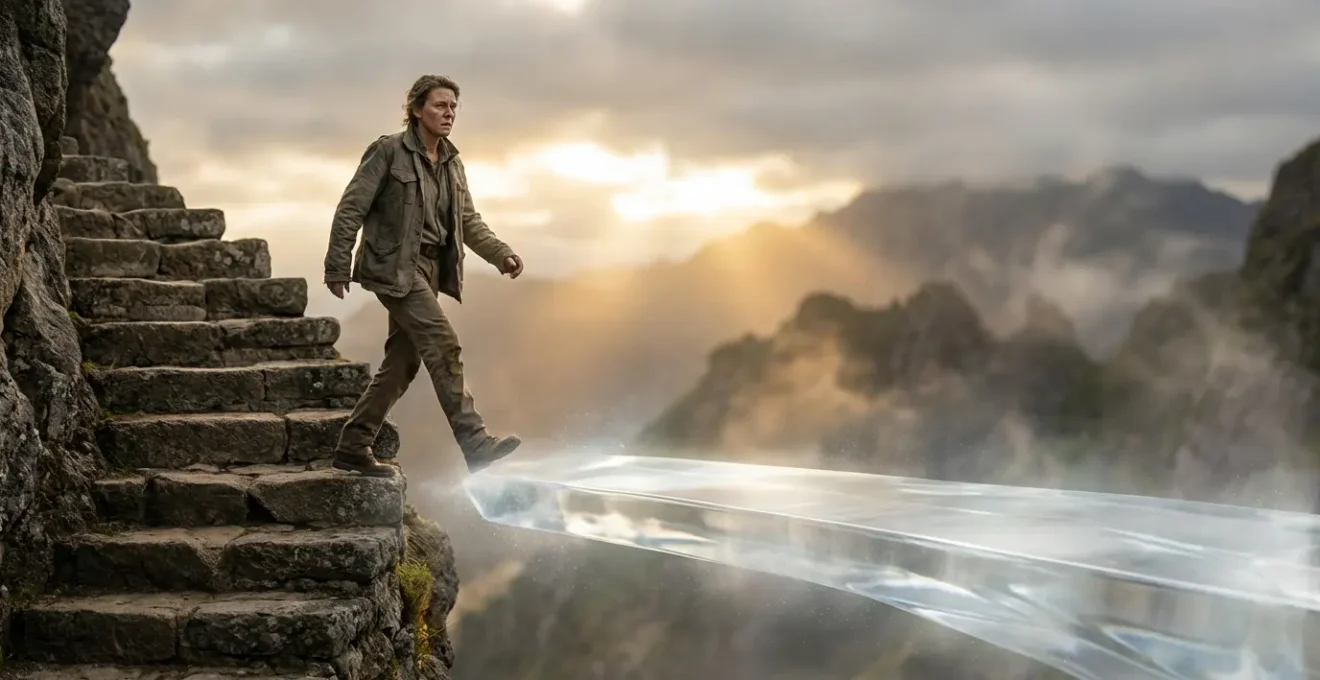 Person taking a courageous step from familiar ground onto an illuminated new path