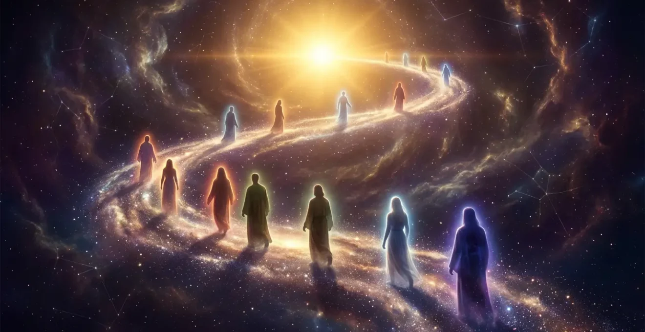 Mystical celestial journey showing twelve zodiac archetypes as glowing silhouettes on a cosmic path