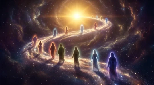 Mystical celestial journey showing twelve zodiac archetypes as glowing silhouettes on a cosmic path