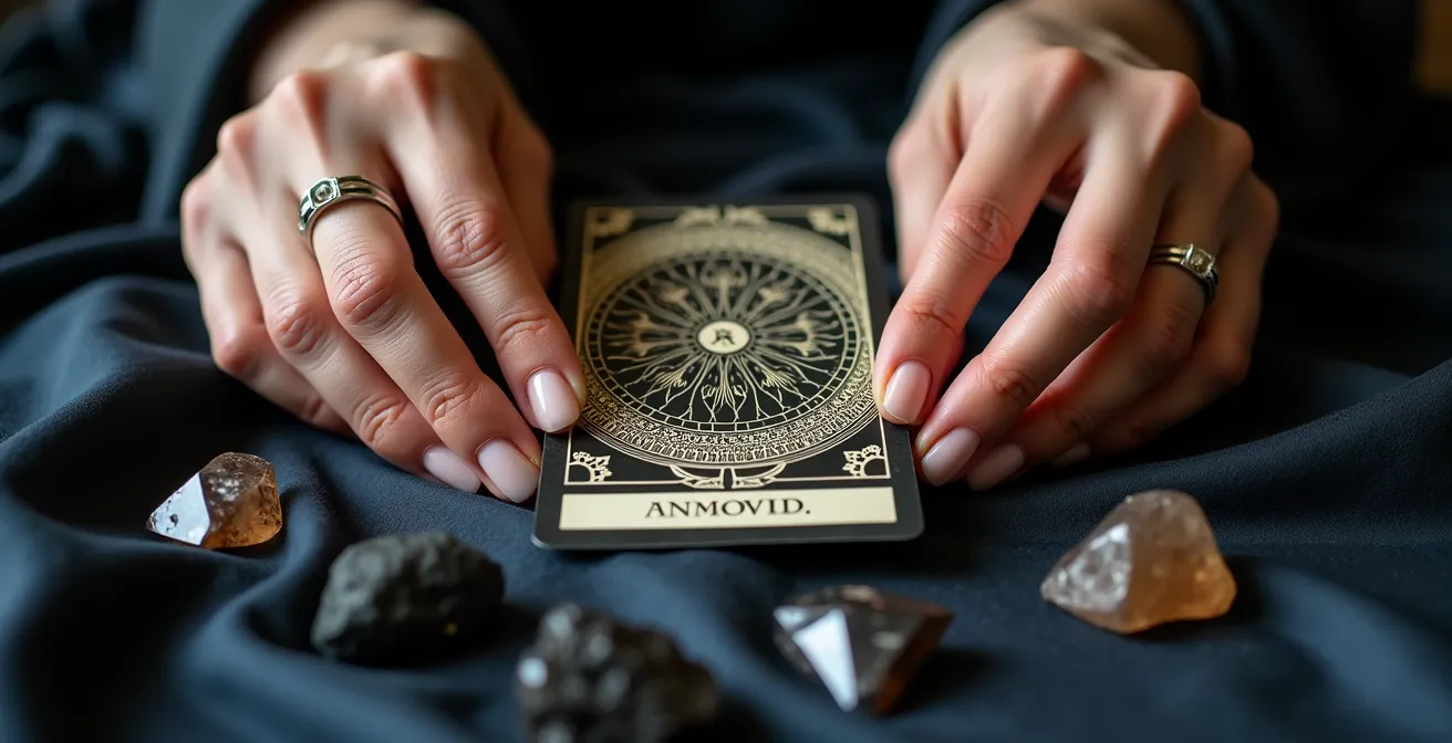 Close-up of hands holding The Devil tarot card with crystalline formations
