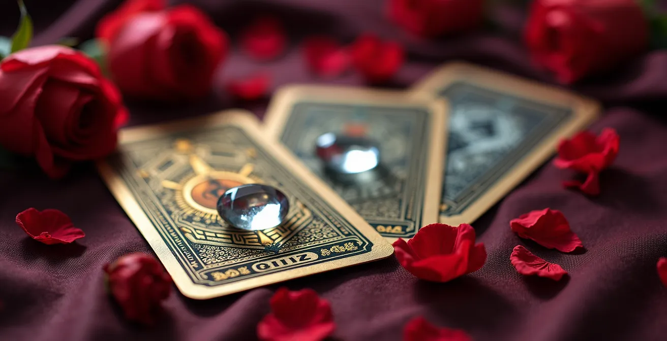 Three tarot cards arranged in triangle formation with crystals