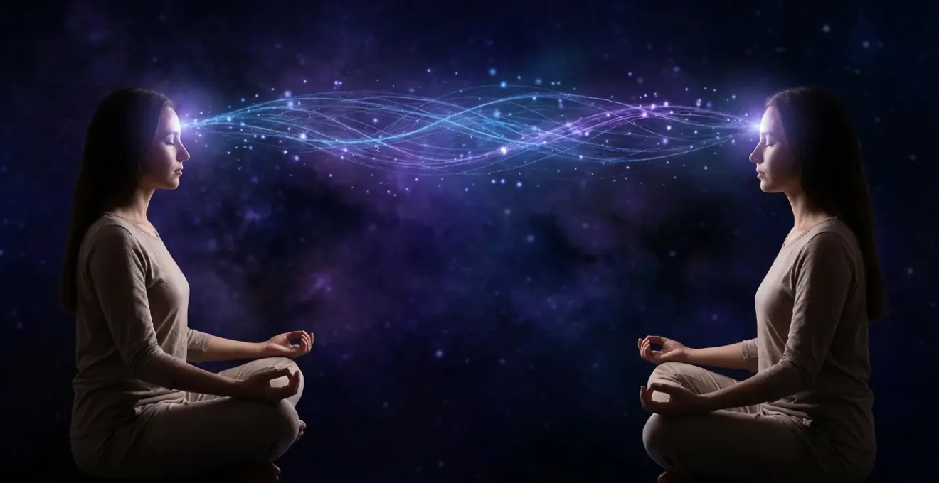 Two people in deep meditation with visible energy waves connecting their minds across distance